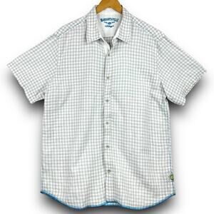 Margaritaville 100% Linen Short Sleeve Button Front Shirt Gray White Check XL